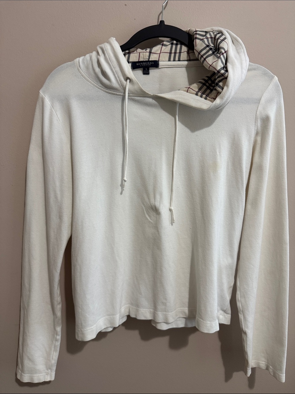 Burberry Cream Hoodie Sweater with Signature Plaid Hood
